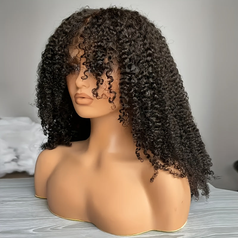 4x4 Lace Closure Kinky Curly 200% Density Human Hair Wigs, 22Inch, Transparent Lace, PrePlucked, No Shedding, Brazilian Hair, Small Knots, Unisex Adult, Deep Curly, With Curtain Bangs, Ready To Wear
